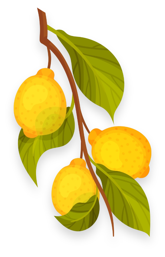 Illustration of three bright yellow lemons hanging on a brown branch with lush green leaves. The background is black, highlighting the vibrant colors of the lemons and leaves.