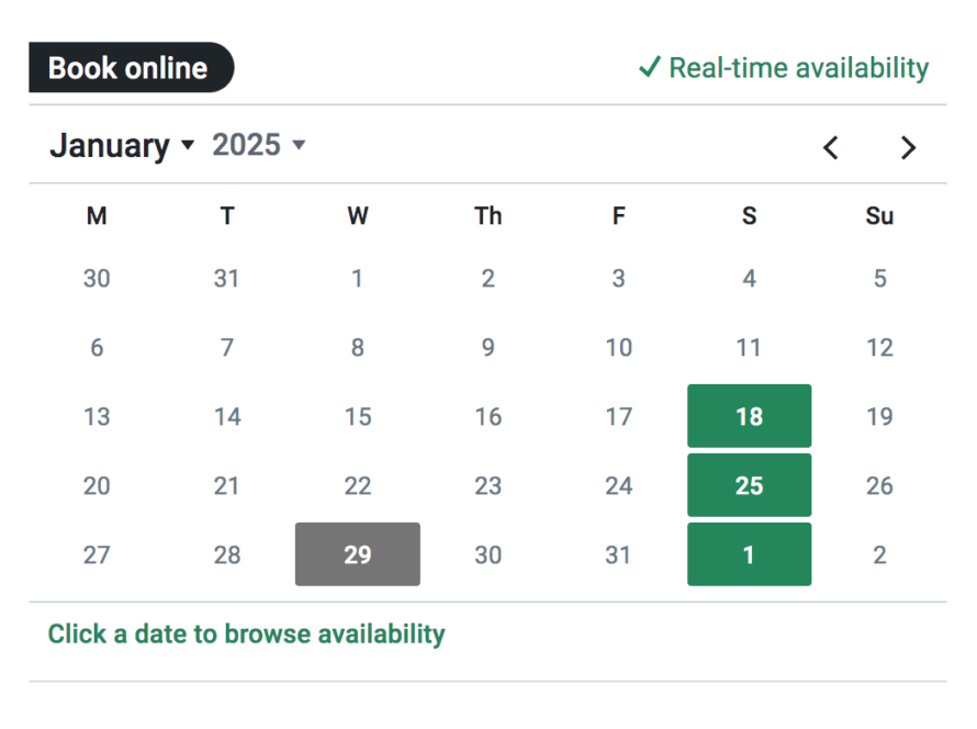 A booking calendar for January 2025 shows the 18th, 25th, and February 1st as available, marked in green. January 29th is grayed out. Navigation arrows and a "Book online" button are present.